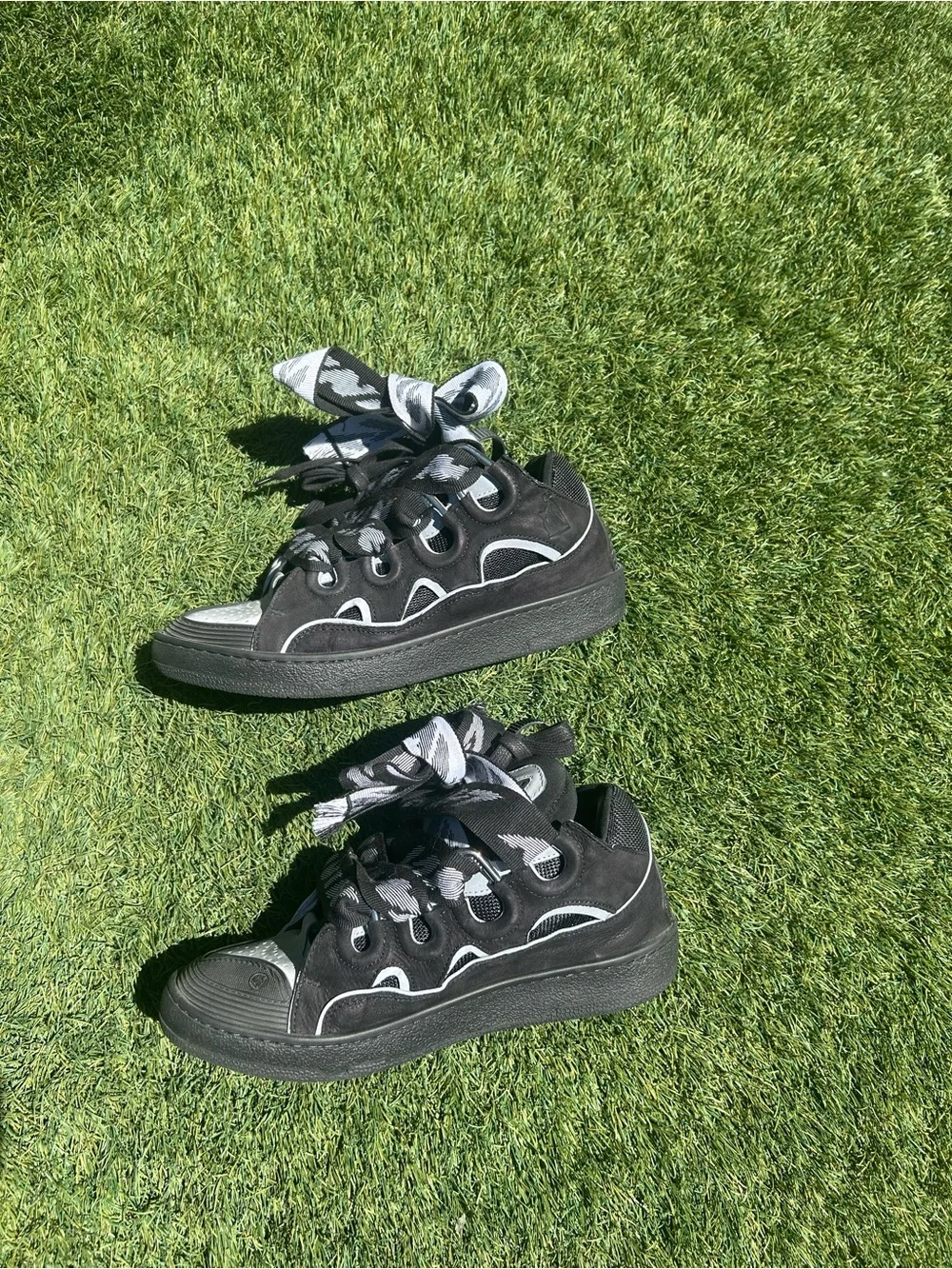 Lanvin Black and Gray High-Top Sneakers with Patterned Laces